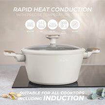 Batterie de cuisine BerlingerHaus Nordic Mat Crème 11 pièces - Casserole ø 20, 24, 28 cm, Poêle ø 24, 28 cm & Casserole ø 16 cm - compatible avec toutes les plaques de cuisson