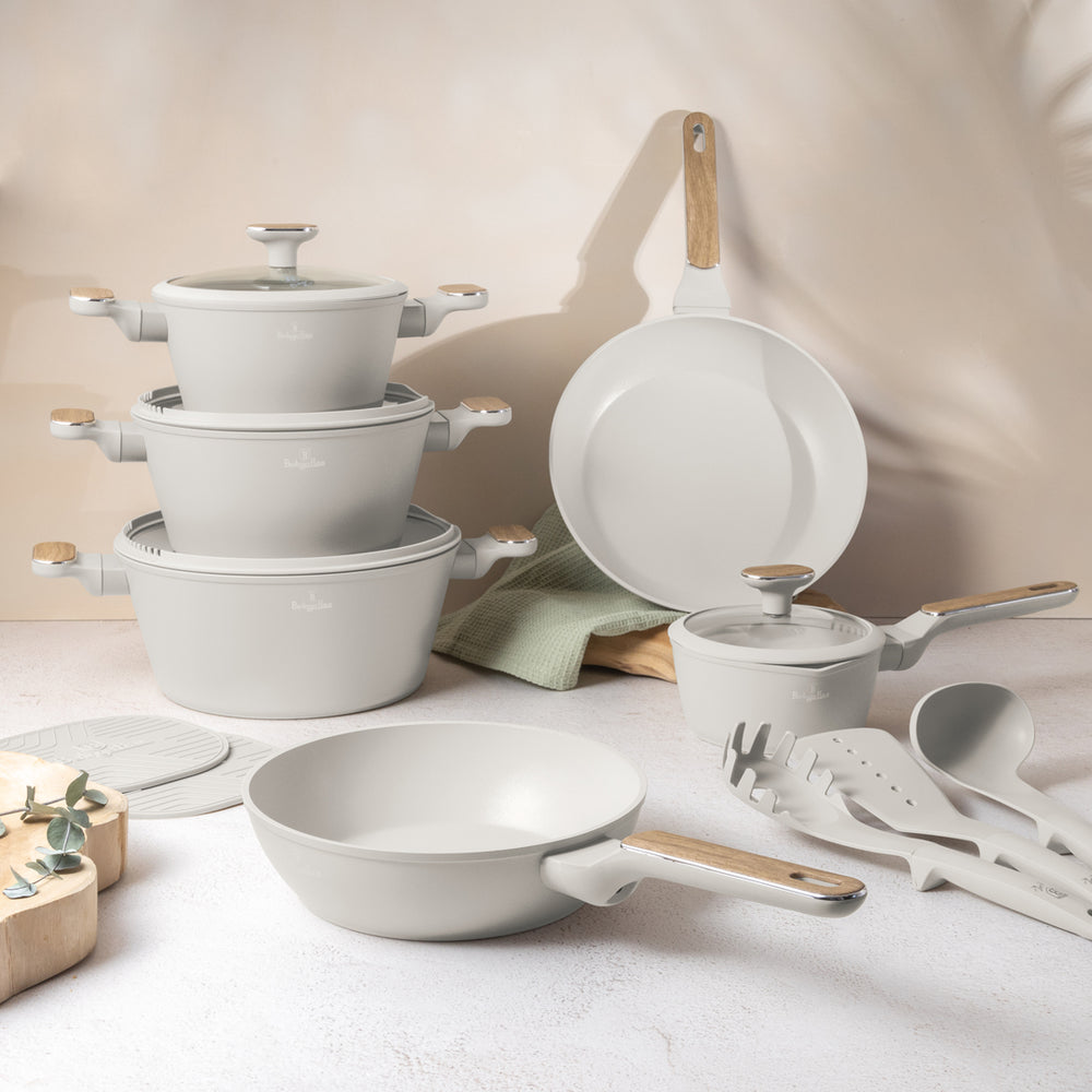 Batterie de cuisine BerlingerHaus Nordic Mat Crème 11 pièces - Casserole ø 20, 24, 28 cm, Poêle ø 24, 28 cm & Casserole ø 16 cm - compatible avec toutes les plaques de cuisson