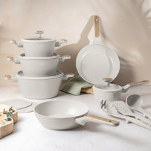 Batterie de cuisine BerlingerHaus Nordic Mat Crème 11 pièces - Casserole ø 20, 24, 28 cm, Poêle ø 24, 28 cm & Casserole ø 16 cm - compatible avec toutes les plaques de cuisson