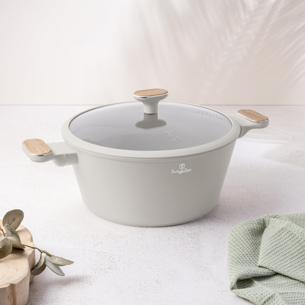 Batterie de cuisine BerlingerHaus Nordic Mat Crème 11 pièces - Casserole ø 20, 24, 28 cm, Poêle ø 24, 28 cm & Casserole ø 16 cm - compatible avec toutes les plaques de cuisson