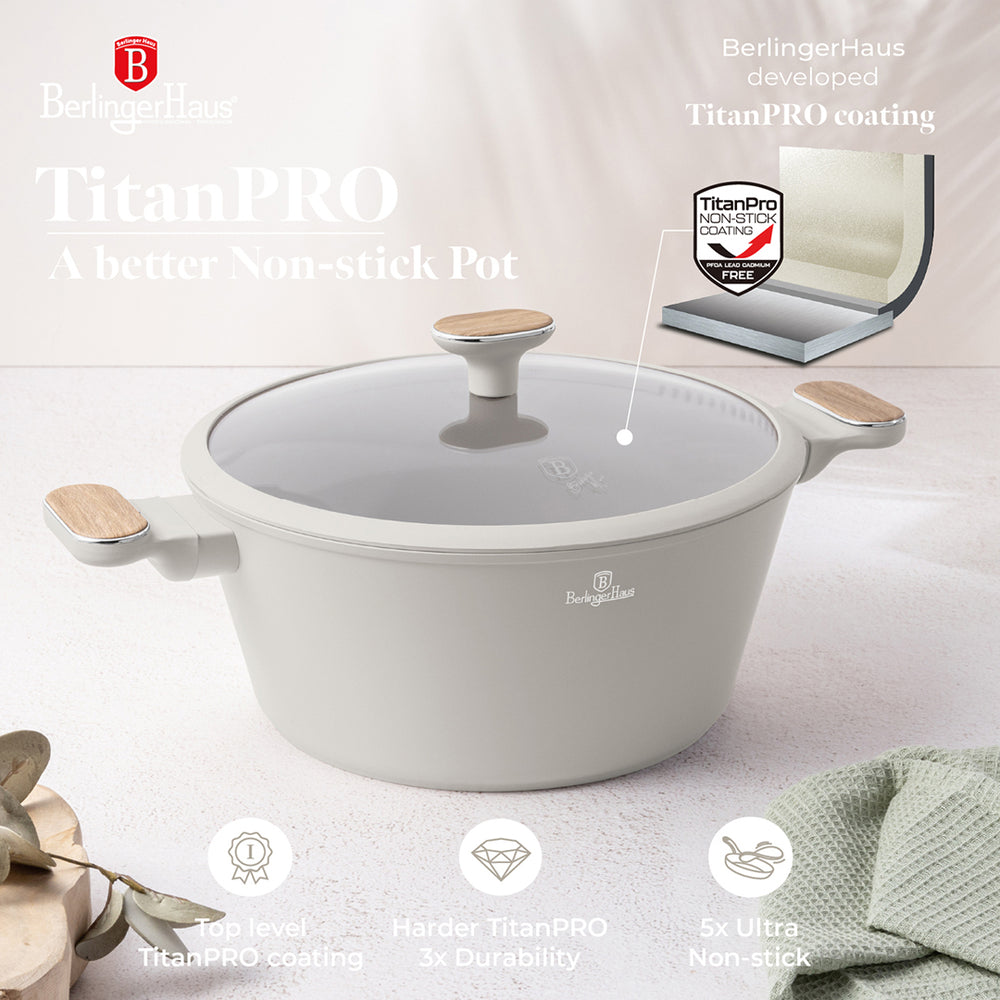 Batterie de cuisine BerlingerHaus Nordic Mat Crème 11 pièces - Casserole ø 20, 24, 28 cm, Poêle ø 24, 28 cm & Casserole ø 16 cm - compatible avec toutes les plaques de cuisson