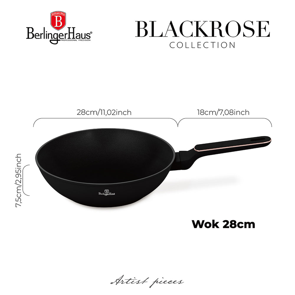 Wok BerlingerHaus Noir Or Rosé Ø 28 cm - compatible avec toutes les sources de chaleur - revêtement antiadhésif standard