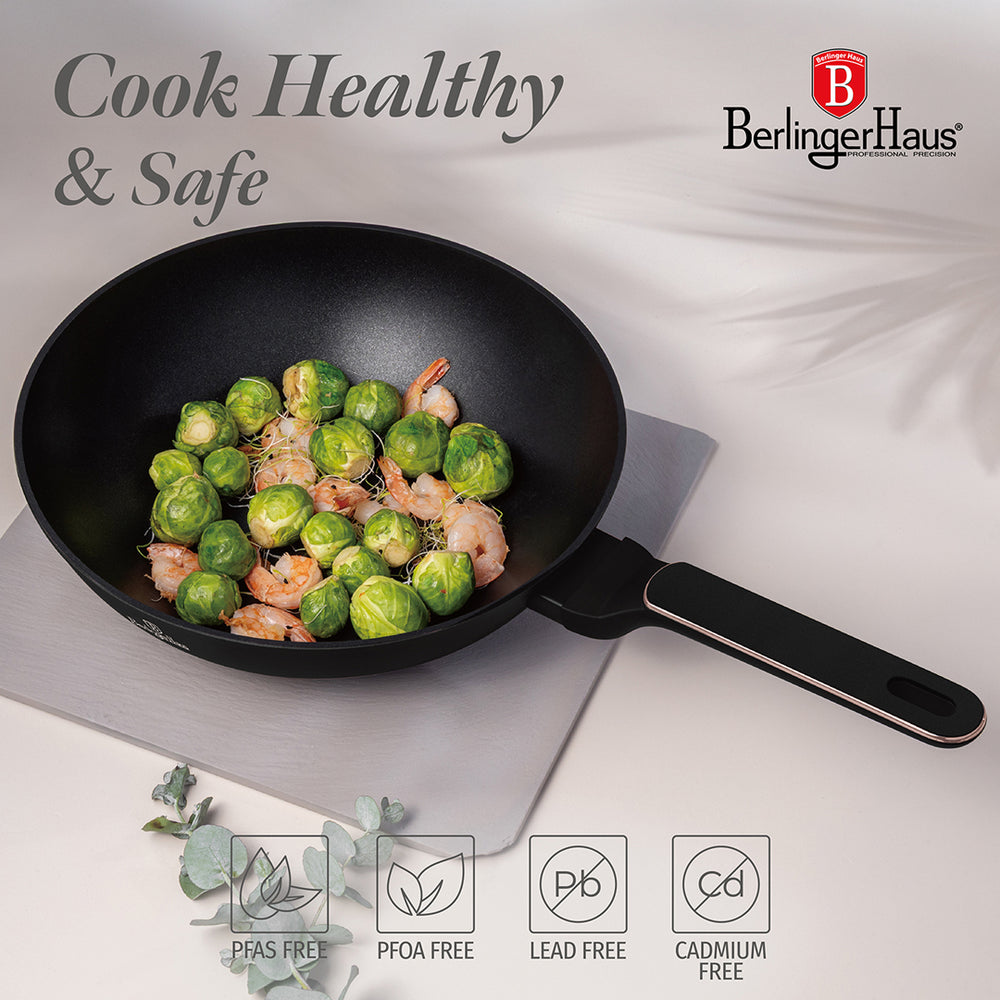 Wok BerlingerHaus Noir Or Rosé Ø 28 cm - compatible avec toutes les sources de chaleur - revêtement antiadhésif standard