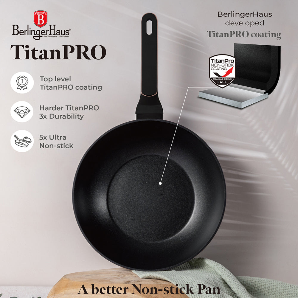 Wok BerlingerHaus Noir Or Rosé Ø 28 cm - compatible avec toutes les sources de chaleur - revêtement antiadhésif standard