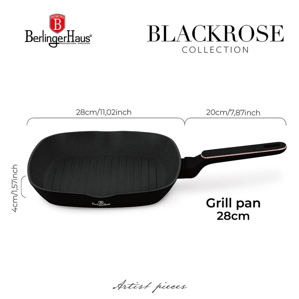 Poêle grill BerlingerHaus Noir Or Rose 28 x 28 cm - compatible avec toutes les sources de chaleur - revêtement antiadhésif standard