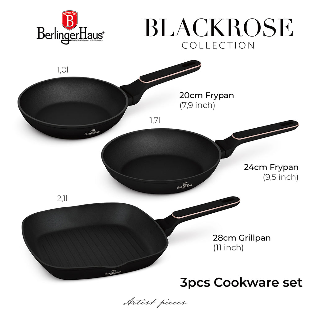 Ensemble de poêles BerlingerHaus Noire Or Rose 3 pièces - ø 20, 24 & 28 cm - compatible avec toutes les sources de chaleur - revêtement antiadhésif standard