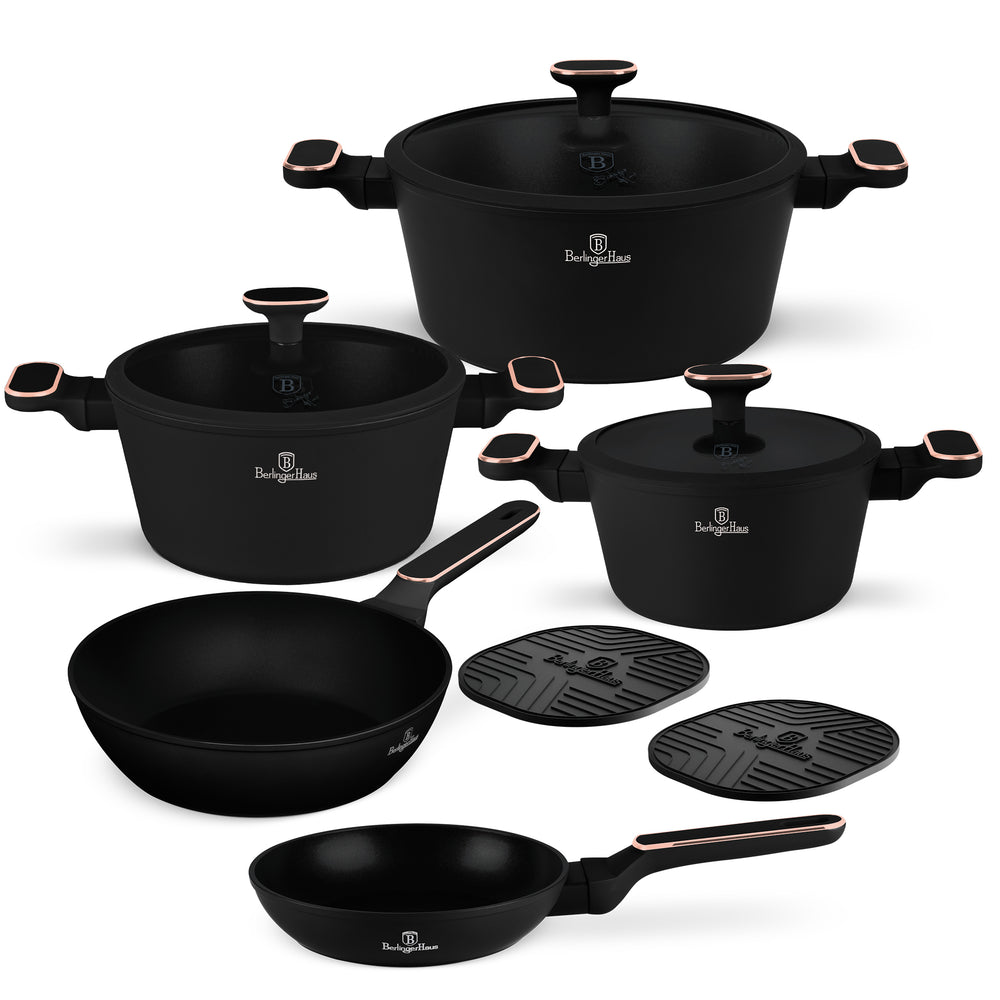 Batterie de cuisine BerlingerHaus Noir Or Rose 7 pièces - Casserole ø 20, 24, 28 cm & Poêle ø 20, 24 cm - compatible avec toutes les sources de chaleur