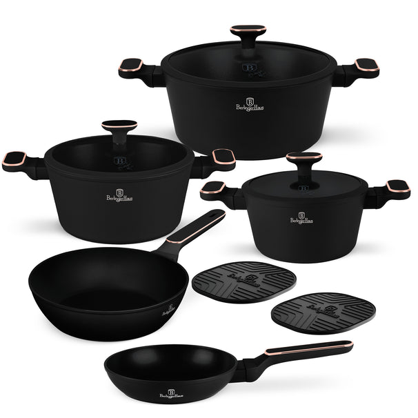 Batterie de cuisine BerlingerHaus Noir Or Rose 7 pièces - Casserole ø 20, 24, 28 cm & Poêle ø 20, 24 cm - compatible avec toutes les sources de chaleur