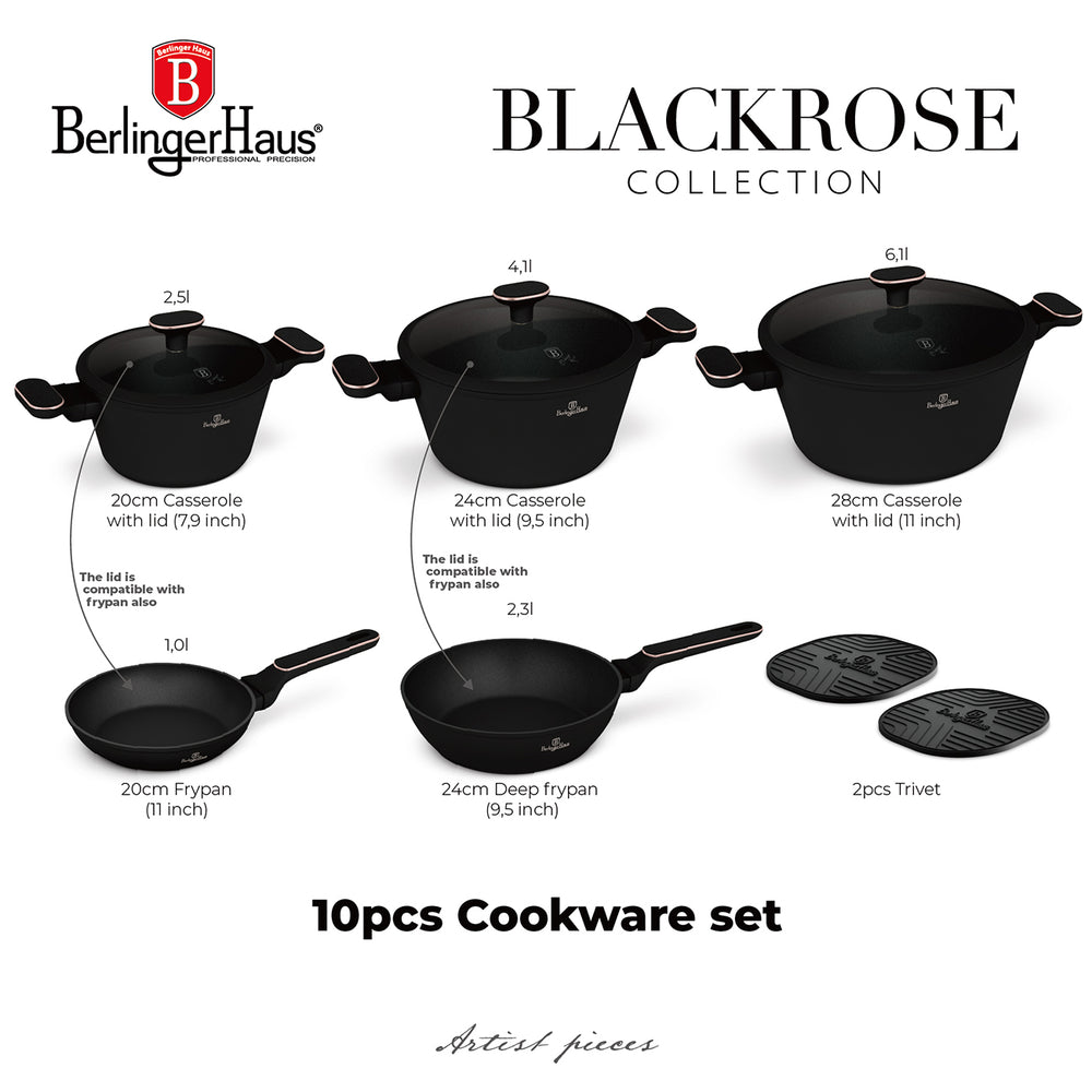 Batterie de cuisine BerlingerHaus Noir Or Rose 7 pièces - Casserole ø 20, 24, 28 cm & Poêle ø 20, 24 cm - compatible avec toutes les sources de chaleur