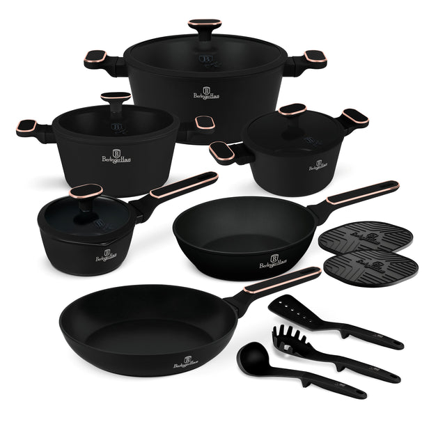 Batterie de cuisine BerlingerHaus Noir Or Rose 11 pièces - Casserole ø 20, 24, 28 cm, Poêle ø 24, 28 cm & Casserole ø 16 cm - compatible avec toutes les sources de chaleur