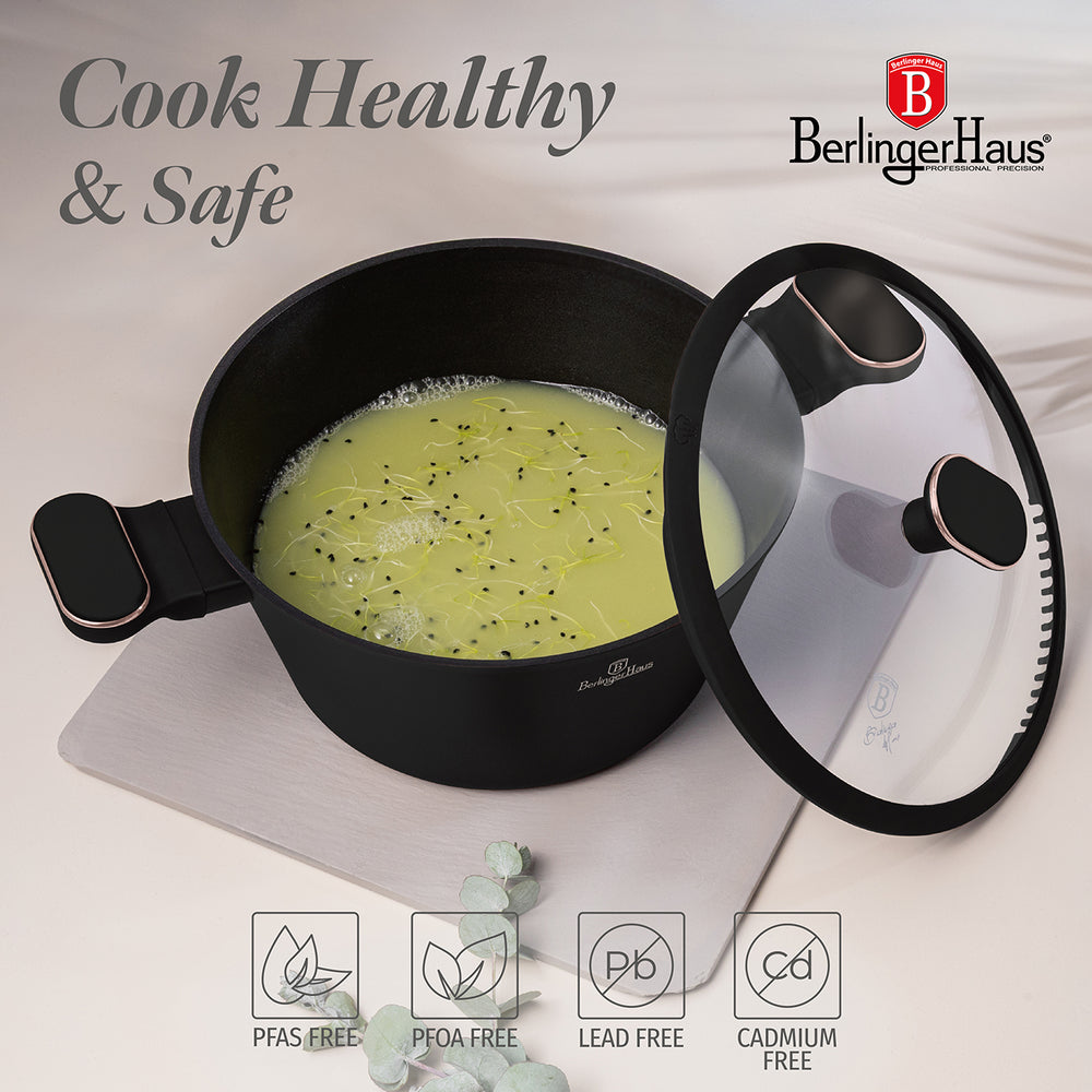 Batterie de cuisine BerlingerHaus Noir Or Rose 11 pièces - Casserole ø 20, 24, 28 cm, Poêle ø 24, 28 cm & Casserole ø 16 cm - compatible avec toutes les sources de chaleur