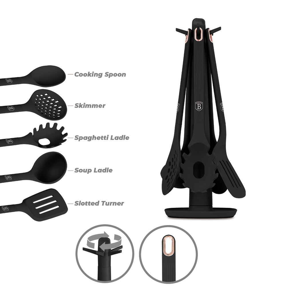 Set d'ustensiles de cuisine avec support BerlingerHaus Noir Or Rose - silicone - 6 pièces