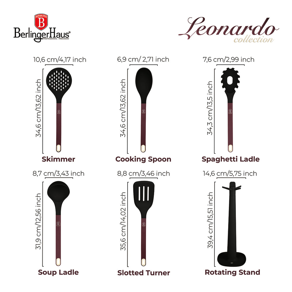 Ensemble d'ustensiles de cuisine avec support BerlingerHaus mat bordeaux - silicone - 6 pièces