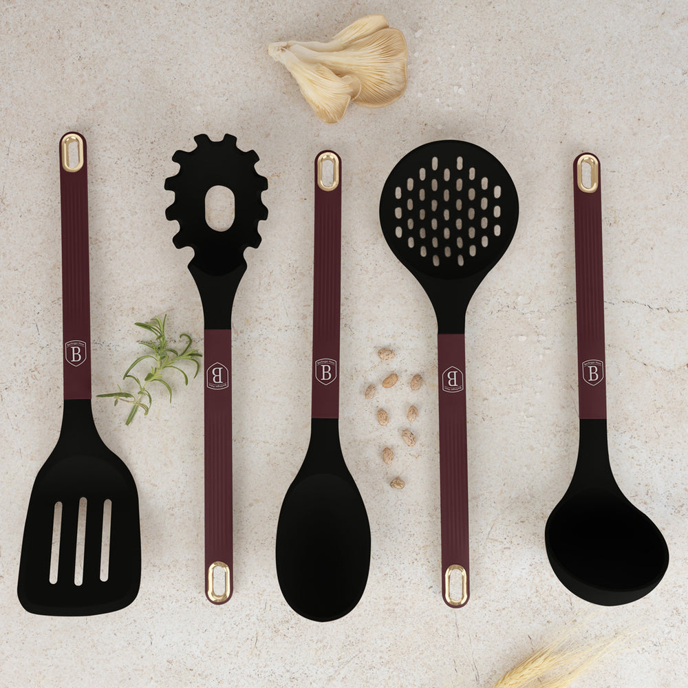 Ensemble d'ustensiles de cuisine avec support BerlingerHaus mat bordeaux - silicone - 6 pièces