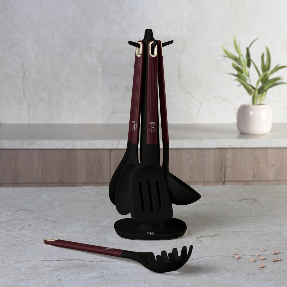 Ensemble d'ustensiles de cuisine avec support BerlingerHaus mat bordeaux - silicone - 6 pièces