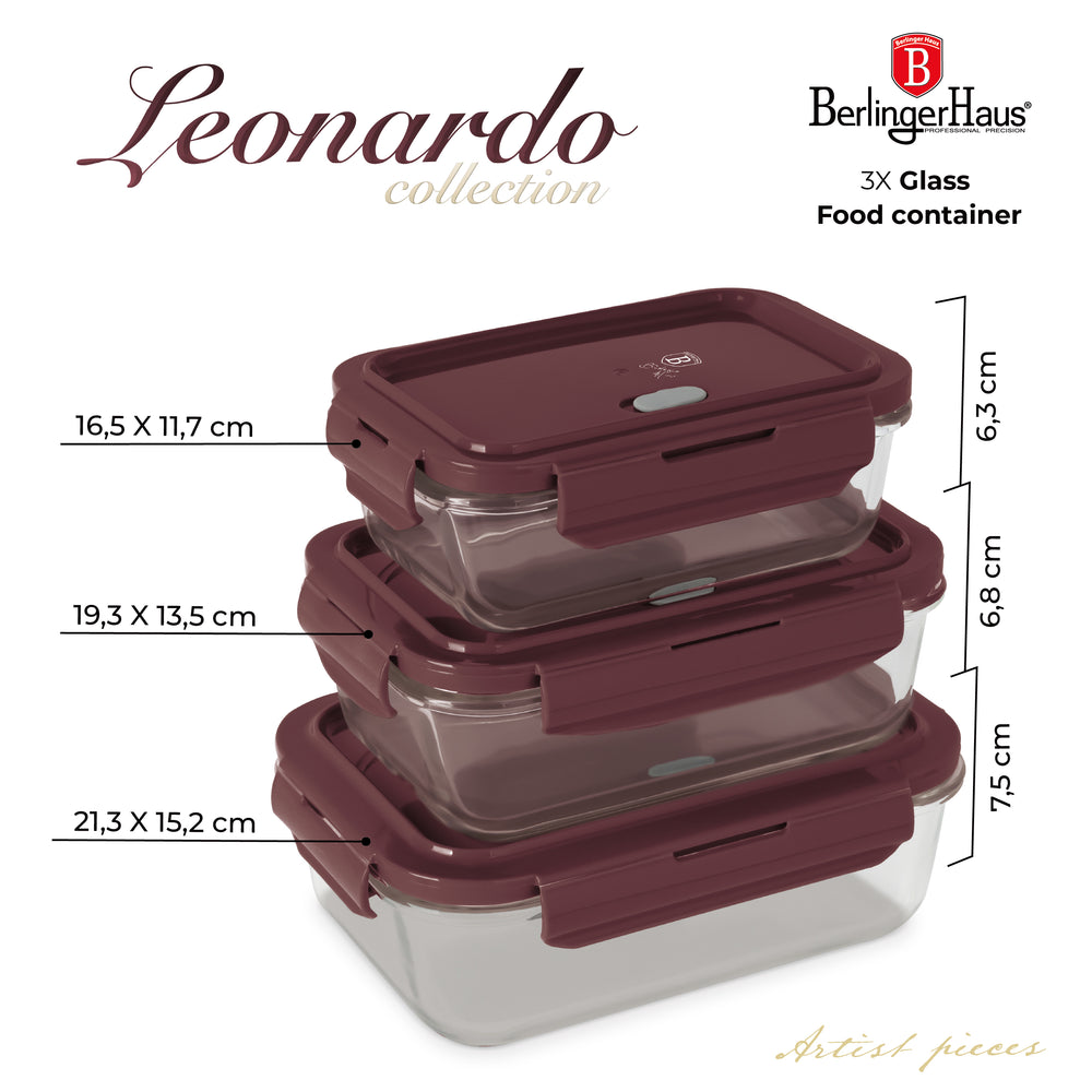 Boîtes de conservation en verre BerlingerHaus mat bordeaux - 3 pièces - 570 ml, 840 ml & 1,18 litre