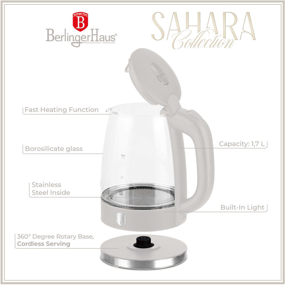Bouilloire Électrique BerlingerHaus en Verre Mat Crème - 1,7 L - 2200W