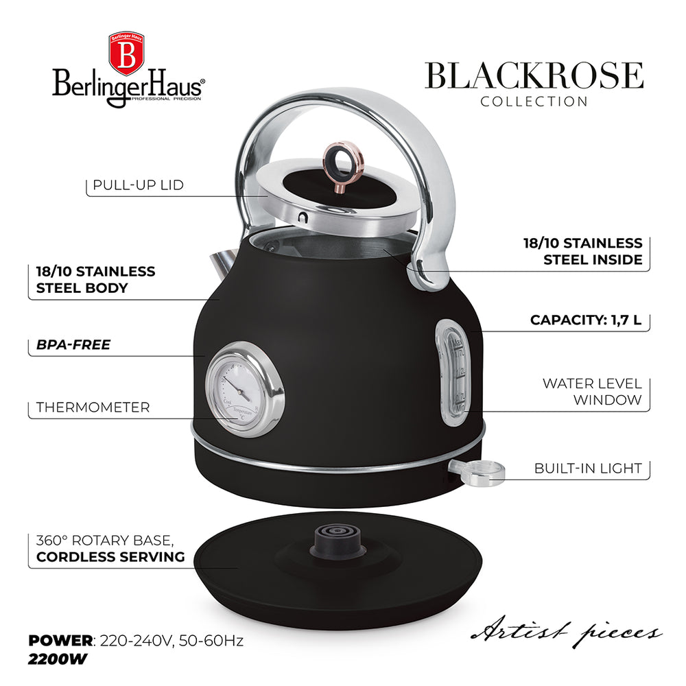 Bouilloire Électrique BerlingerHaus Noire Or Rose - avec Thermomètre - 1,7 L - 2200W