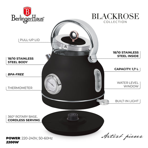 Bouilloire Électrique BerlingerHaus Noire Or Rose - avec Thermomètre - 1,7 L - 2200W