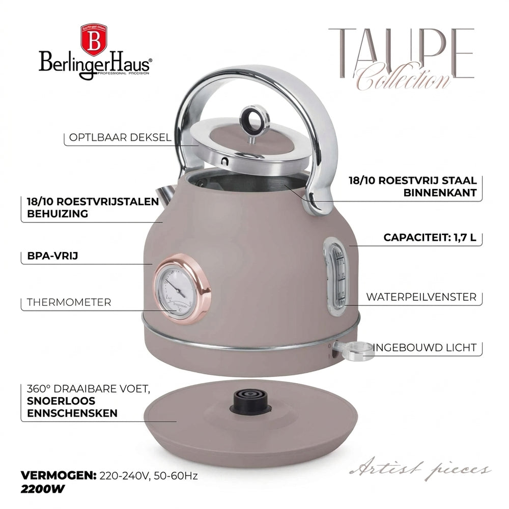 Bouilloire électrique BerlingerHaus Taupe - avec Thermomètre - 1,7 L - 2200W