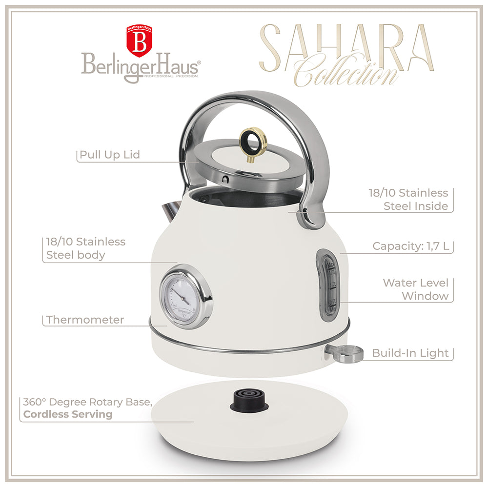 Bouilloire Électrique BerlingerHaus Mat Crème - avec Thermomètre - 1,7 L - 2200W