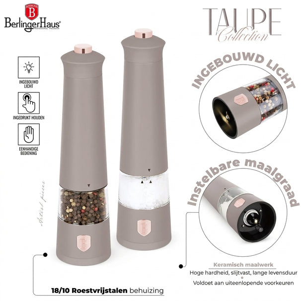 Ensemble de moulins à poivre et à sel électrique BerlingerHaus Taupe - Moulin en céramique - 2 pièces