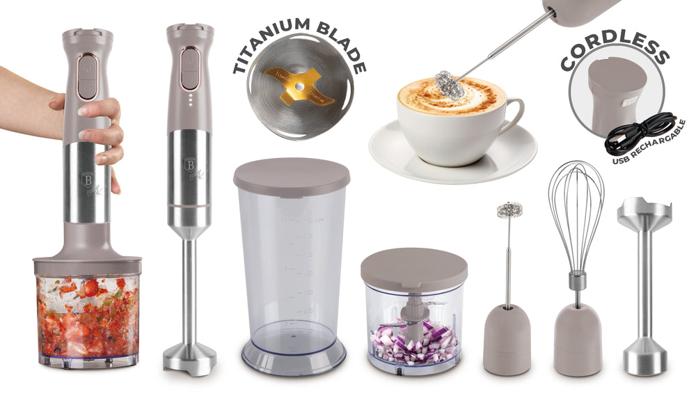 Mixeur plongeant sans fil BerlingerHaus taupe – 6-en-1 – 800 W