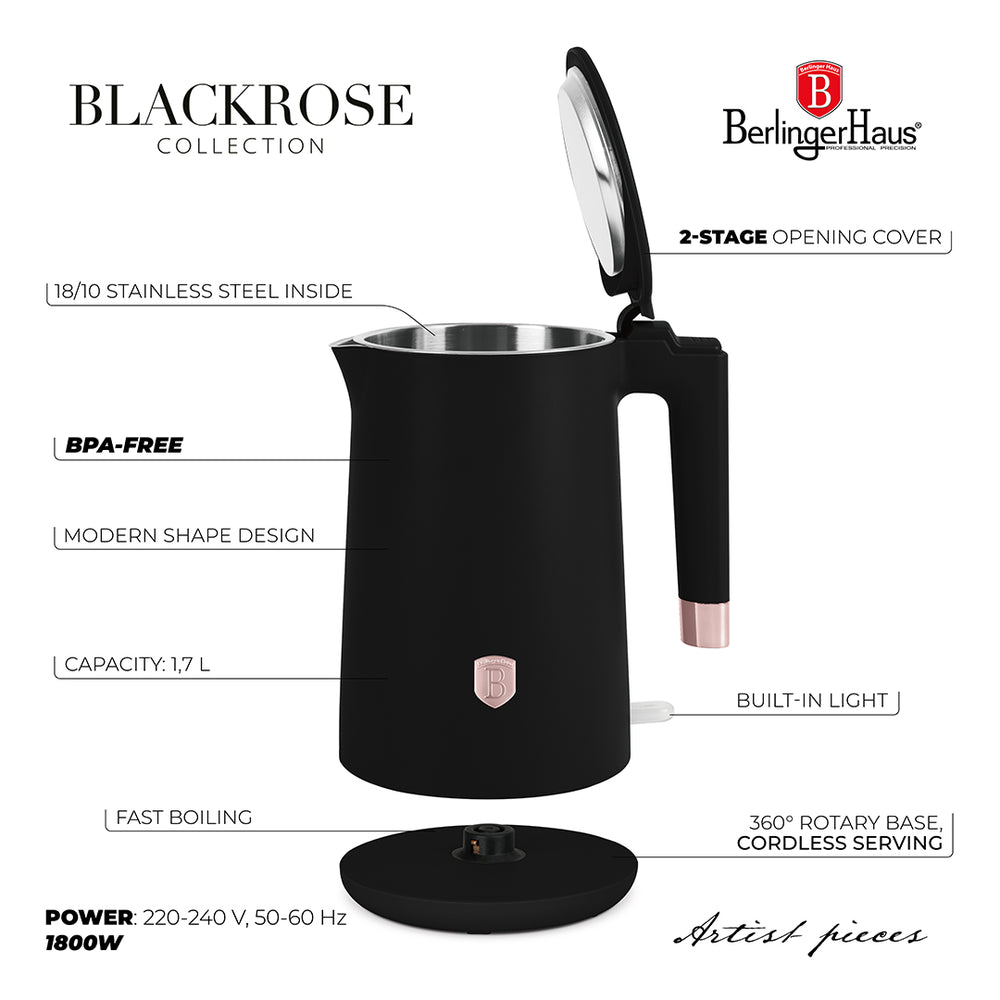 Bouilloire Électrique BerlingerHaus Double Paroi Noir Or Rose - 1,7 L - 1800W