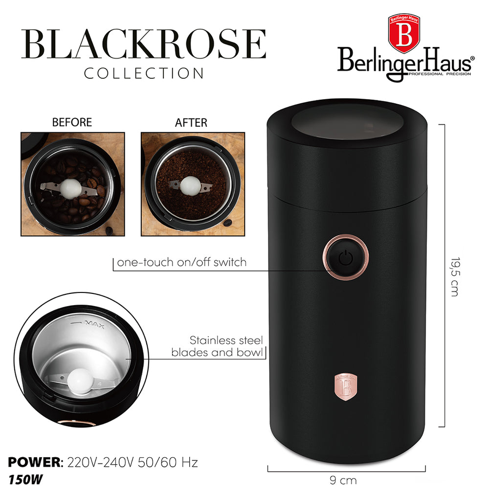 Moulin à café électrique BerlingerHaus Noir Or Rose - Broyeur à grains - 150W