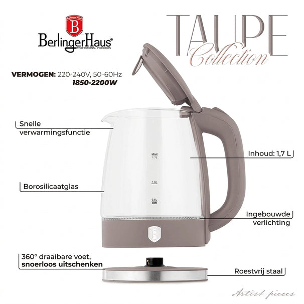 Bouilloire Électrique BerlingerHaus en Verre Taupe - 1.7 Litres - 2200W