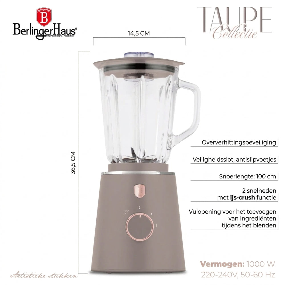 Blender BerlingerHaus Taupe - Pichet en verre - 1,5 litre - 1000W