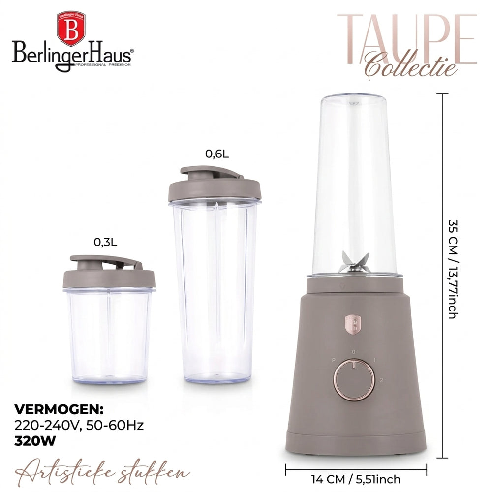 Mini Blender à Smoothie to Go BerlingerHaus taupe - Inclus 2 gobelets - 320W