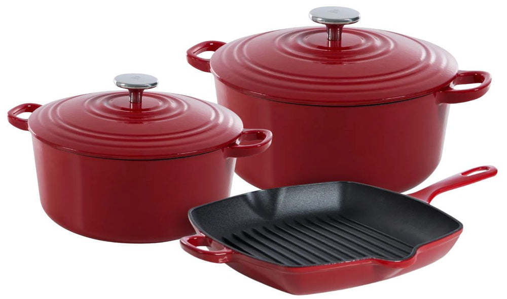 Batterie de cuisine BK Bourgogne Chili Red Fonte 3 pièces - Cocotte ø 24, 28 cm & Poêle-gril 26x26 cm - compatible avec toutes les sources de chaleur