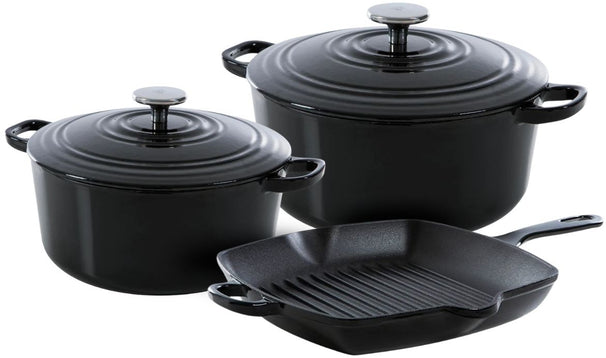 Batterie de cuisine BK Bourgogne Jet Black Fonte 3 pièces - Cocotte ø 24, 28 cm & Poêle-gril 26x26 cm - compatible avec toutes les sources de chaleur