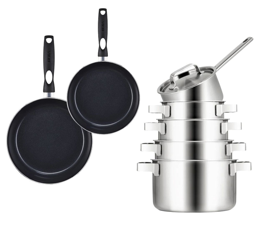 Batterie de cuisine Sola Ruby 7 pièces Premium Triply Inox - Casserole ø 16, 18, 20 et 24 cm et Casserole ø 16 cm & BEKA Poêles Pro Induc ø 24 & 28 cm