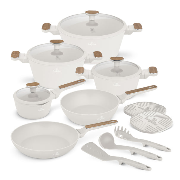 Batterie de cuisine BerlingerHaus Nordic Mat Crème 11 pièces - Casserole ø 20, 24, 28 cm, Poêle ø 24, 28 cm & Casserole ø 16 cm - compatible avec toutes les plaques de cuisson