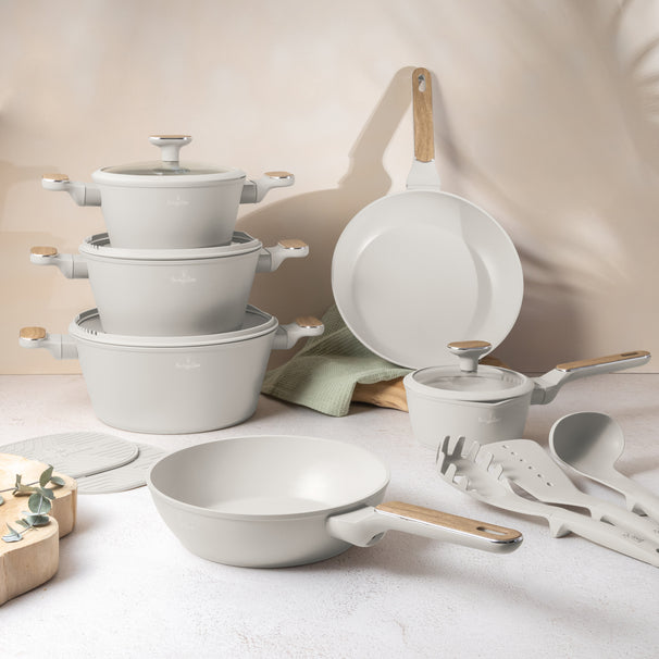 Batterie de cuisine BerlingerHaus Nordic Mat Crème 11 pièces - Casserole ø 20, 24, 28 cm, Poêle ø 24, 28 cm & Casserole ø 16 cm - compatible avec toutes les plaques de cuisson