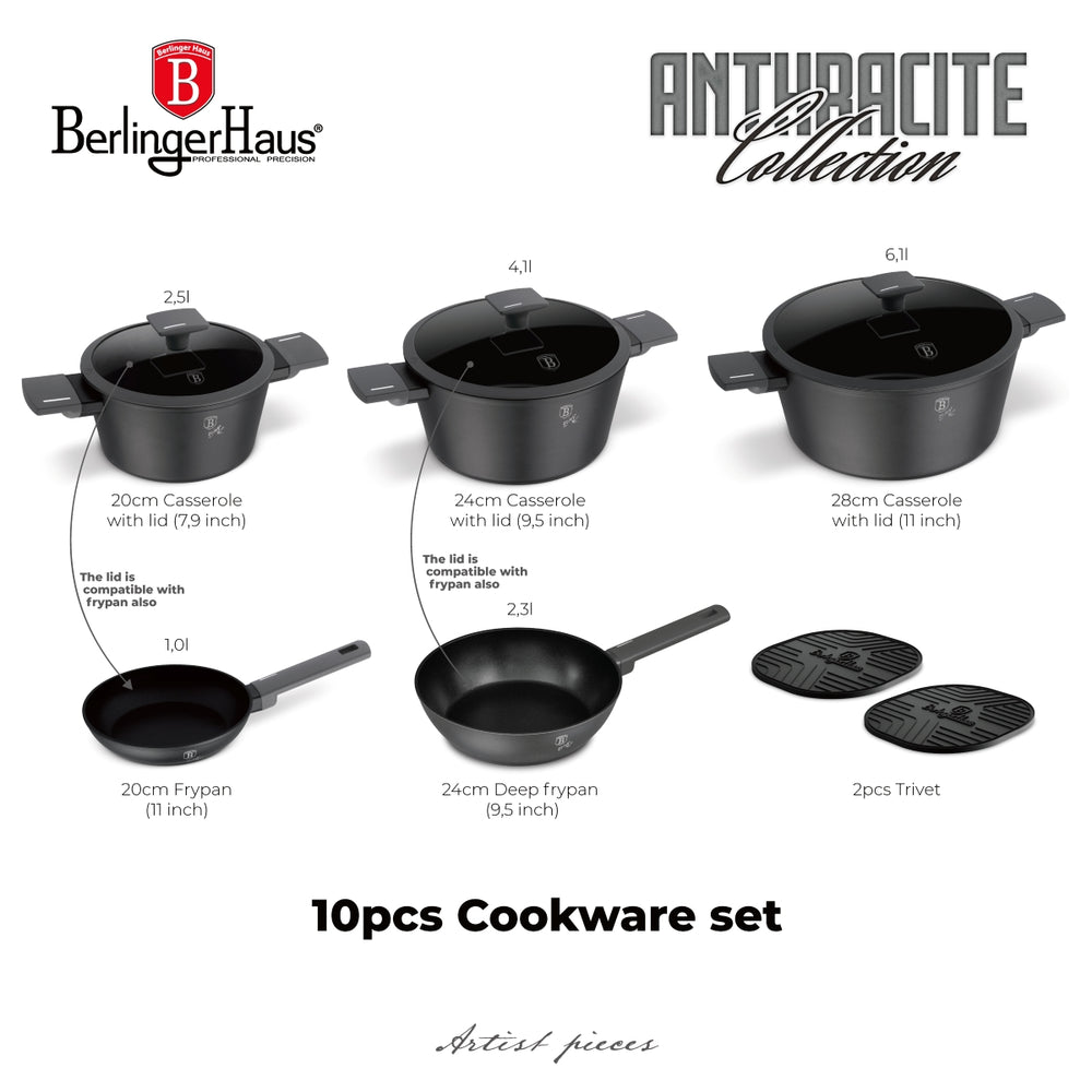Ensemble de casseroles BerlingerHaus Mat Anthracite 7 pièces - Casserole ø 20, 24, 28 cm, Poêle ø 20 & 24 cm - compatible avec toutes les sources de chaleur