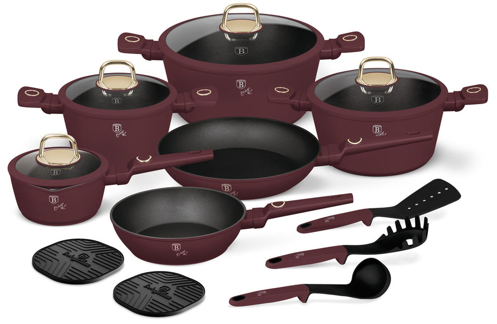 Ensemble de casseroles BerlingerHaus Mat Bordeaux 11 pièces - Casserole ø 20, 24, 28 cm, Poêle ø 24, 28 cm & Casserole ø 16 cm - compatible avec toutes les plaques de cuisson