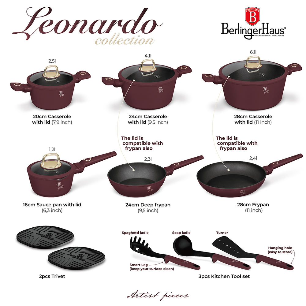 Ensemble de casseroles BerlingerHaus Mat Bordeaux 11 pièces - Casserole ø 20, 24, 28 cm, Poêle ø 24, 28 cm & Casserole ø 16 cm - compatible avec toutes les plaques de cuisson