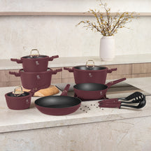 Ensemble de casseroles BerlingerHaus Mat Bordeaux 11 pièces - Casserole ø 20, 24, 28 cm, Poêle ø 24, 28 cm & Casserole ø 16 cm - compatible avec toutes les plaques de cuisson