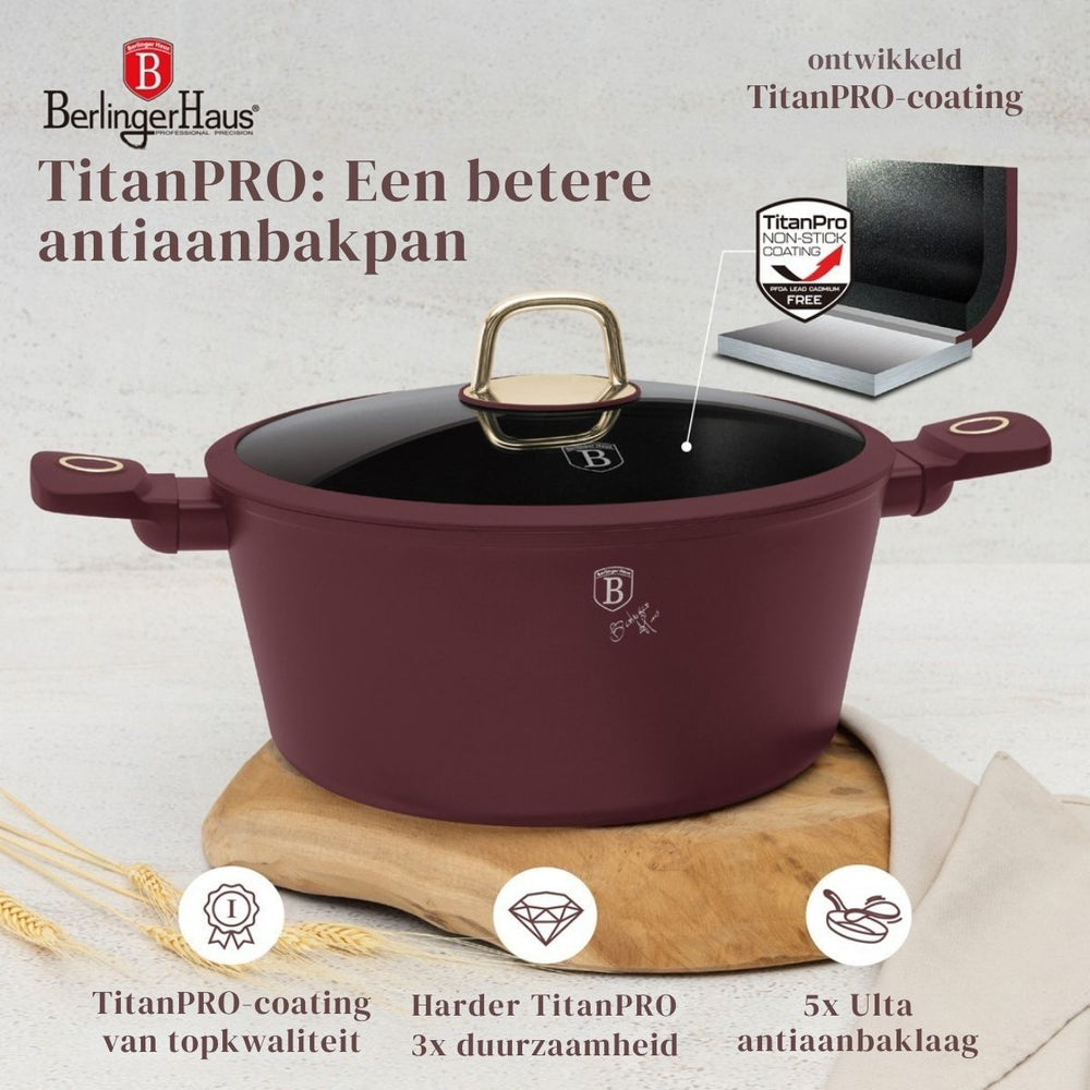 Ensemble de casseroles BerlingerHaus Mat Bordeaux 11 pièces - Casserole ø 20, 24, 28 cm, Poêle ø 24, 28 cm & Casserole ø 16 cm - compatible avec toutes les plaques de cuisson