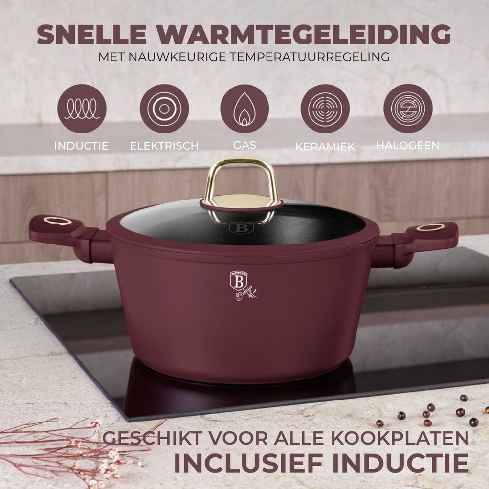 Ensemble de casseroles BerlingerHaus Mat Bordeaux 11 pièces - Casserole ø 20, 24, 28 cm, Poêle ø 24, 28 cm & Casserole ø 16 cm - compatible avec toutes les plaques de cuisson