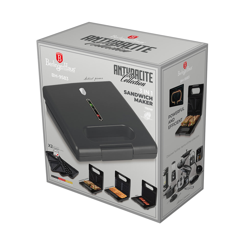 Appareil Croque-Monsieur BerlingerHaus 3-en-1 Anthracite Mat - Plaques Amovibles - Gaufre & Gril - 780W