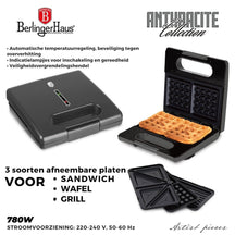 Appareil Croque-Monsieur BerlingerHaus 3-en-1 Anthracite Mat - Plaques Amovibles - Gaufre & Gril - 780W