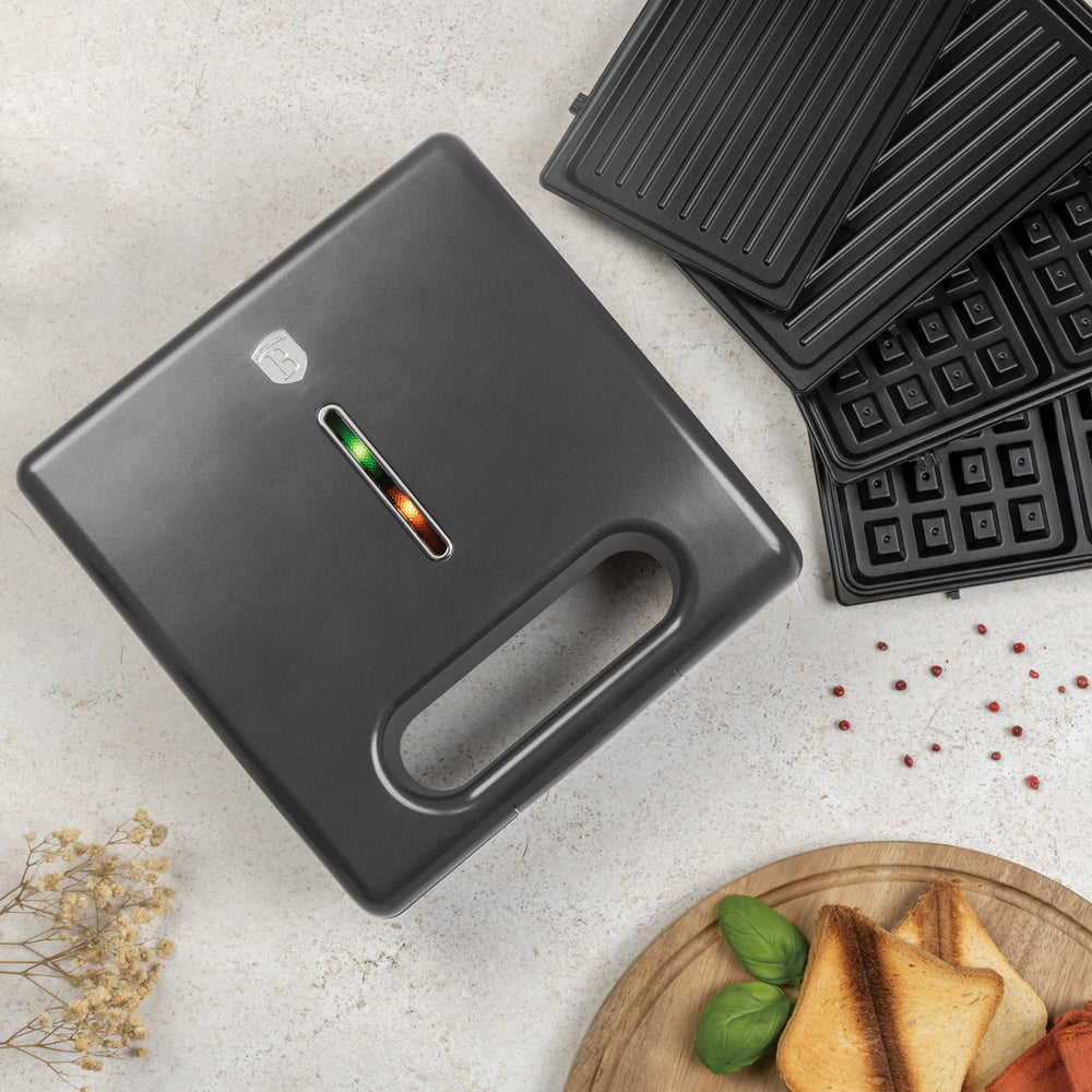 Appareil Croque-Monsieur BerlingerHaus 3-en-1 Anthracite Mat - Plaques Amovibles - Gaufre & Gril - 780W