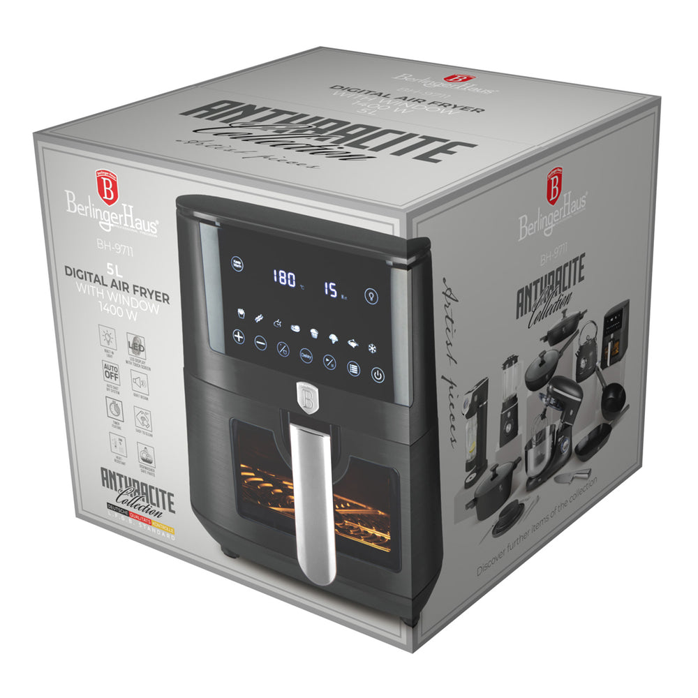 Friteuse à air XL BerlingerHaus Mat Anthracite - avec fenêtre de visualisation - 5 litres - 1400W