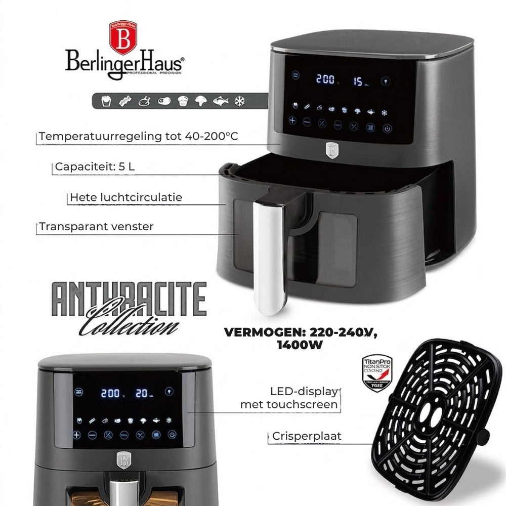 Friteuse à air XL BerlingerHaus Mat Anthracite - avec fenêtre de visualisation - 5 litres - 1400W