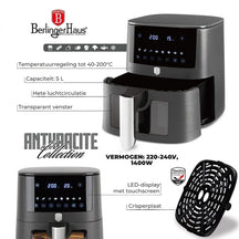 Friteuse à air XL BerlingerHaus Mat Anthracite - avec fenêtre de visualisation - 5 litres - 1400W