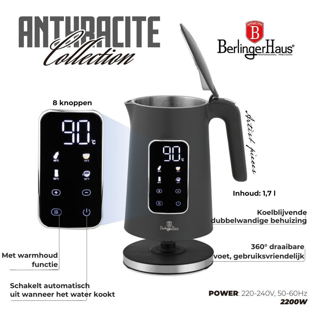 Bouilloire Électrique Numérique BerlingerHaus Mat Anthracite - Réglage de température - 1,7 litre - 2200W